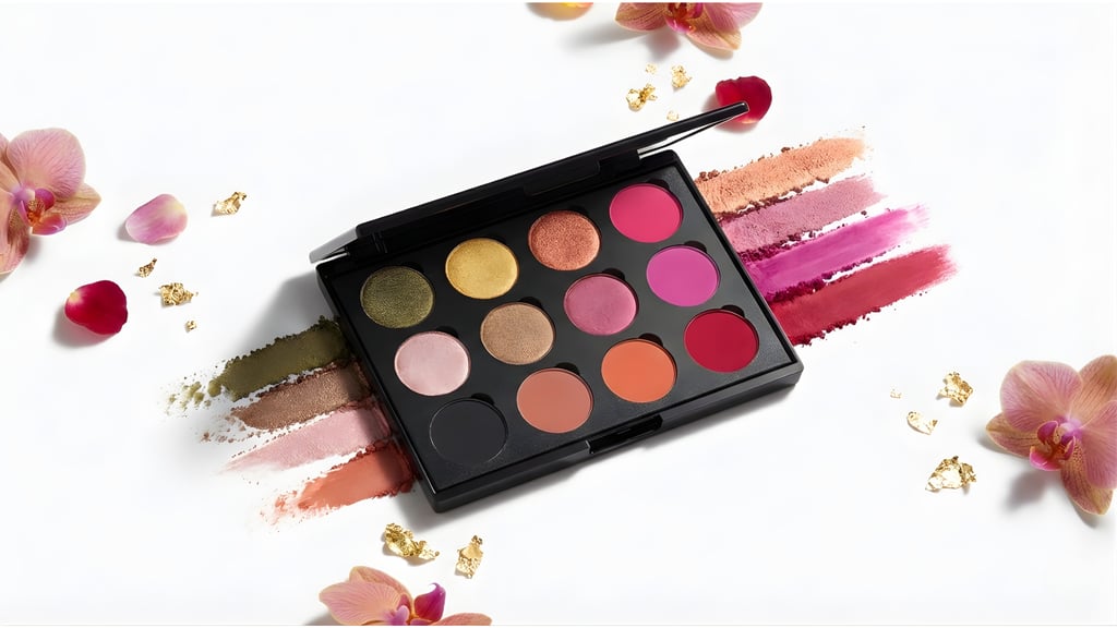 Professional eyeshadow palette with vibrant shimmer and matte shades, color swatches, and orchid flowers.