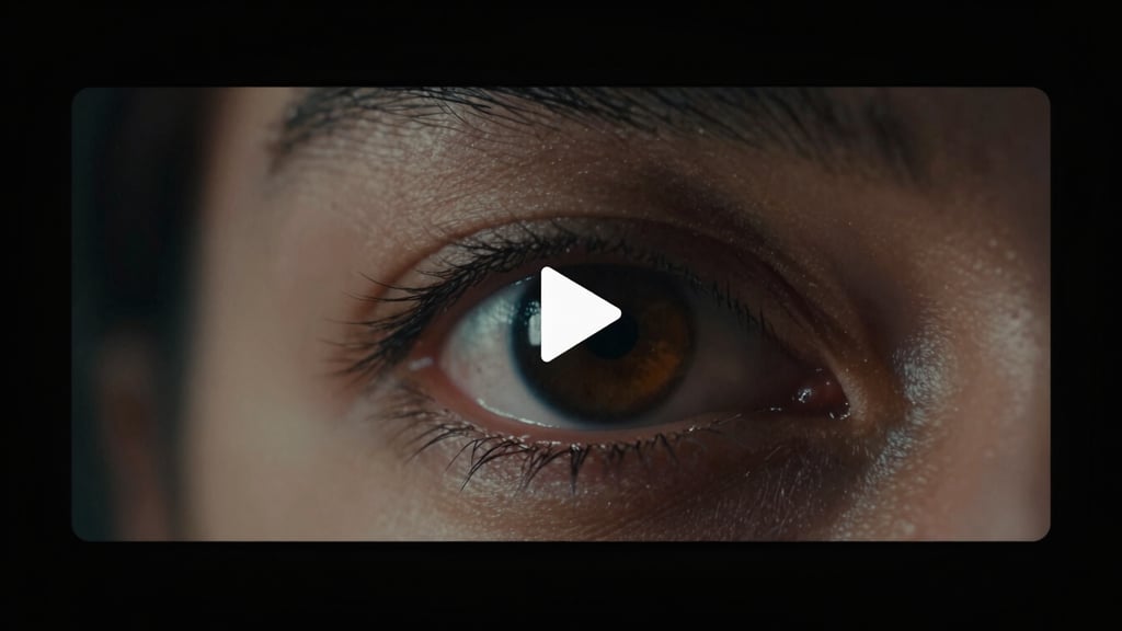 A cinematic video player interface on a dark screen, showing a high-contrast close-up of a human eye in deep focus with a subtle amber light reflection, a minimalist play button in the center, low-key chiaroscuro lighting.