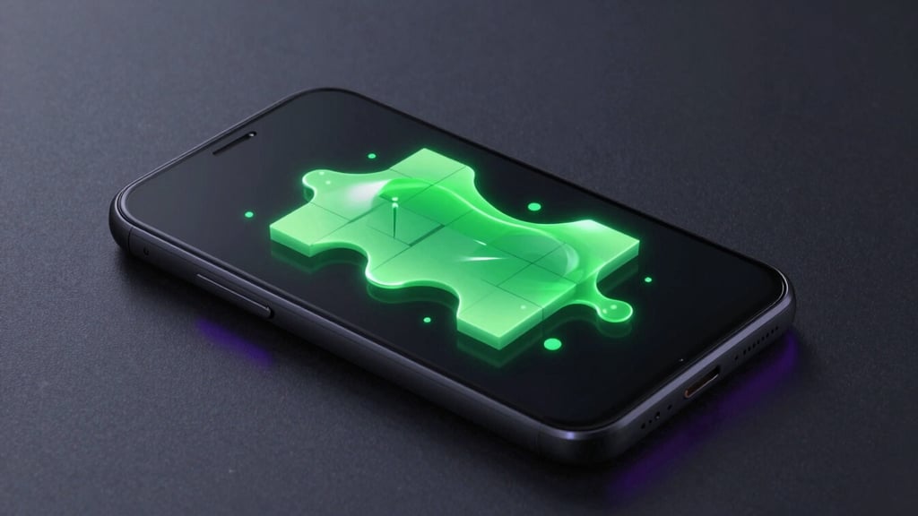 Isometric 3D render of a matte black Android phone displaying a fluid neon-green liquid physics puzzle, glowing violet light casting soft reflections on a dark surface