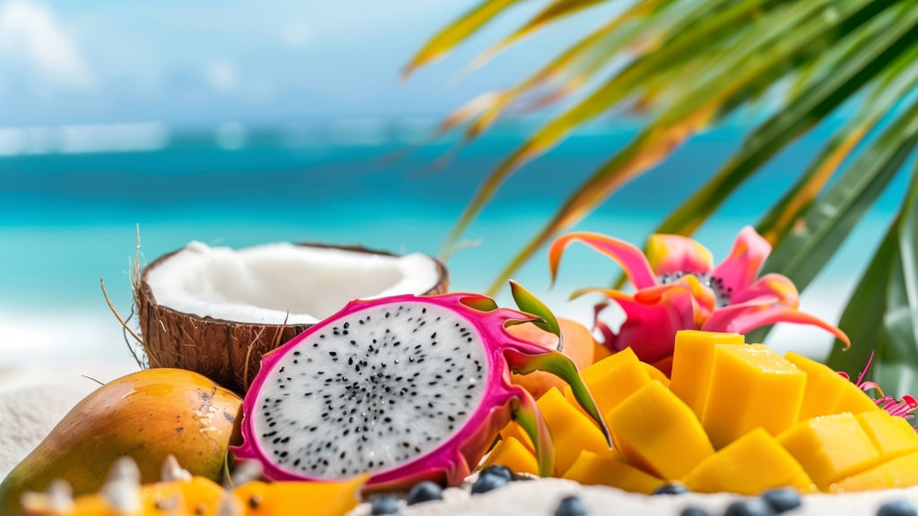 tropical dominican fruits on a sandy beach