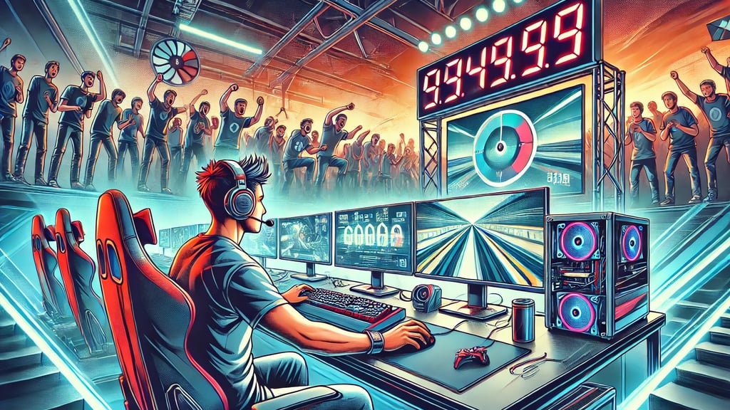 Jogador em um ambiente de competição de speedrun, com monitores, cronômetro e público vibrante.