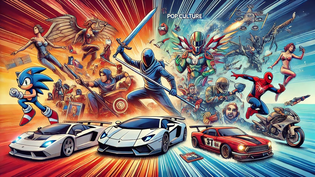 personagens de jogos, filmes e música, simbolizando a influência dos videogames na cultura pop.
