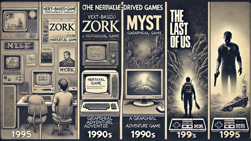evolução dos jogos narrativos de Zork a The Last of Us , refletindo avanços tecnológicos e gráficos.