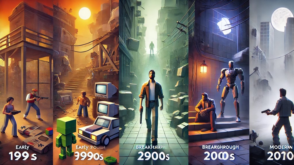 evolução dos gráficos 3D nos videogames, da era poligonal dos anos 90 ao realismo moderno.
