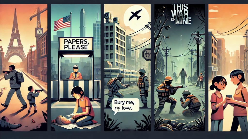 Representação visual de jogos ativistas como Papers, Please, This War of Mine e Bury Me, My Love