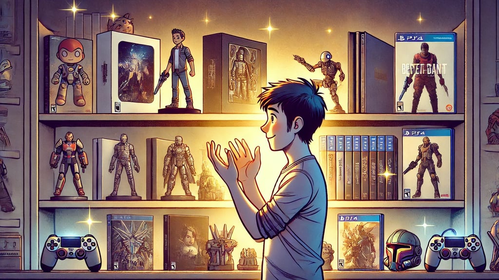 ogador admirando colecionáveis de games em uma prateleira iluminada, simbolizando a conexão emociona