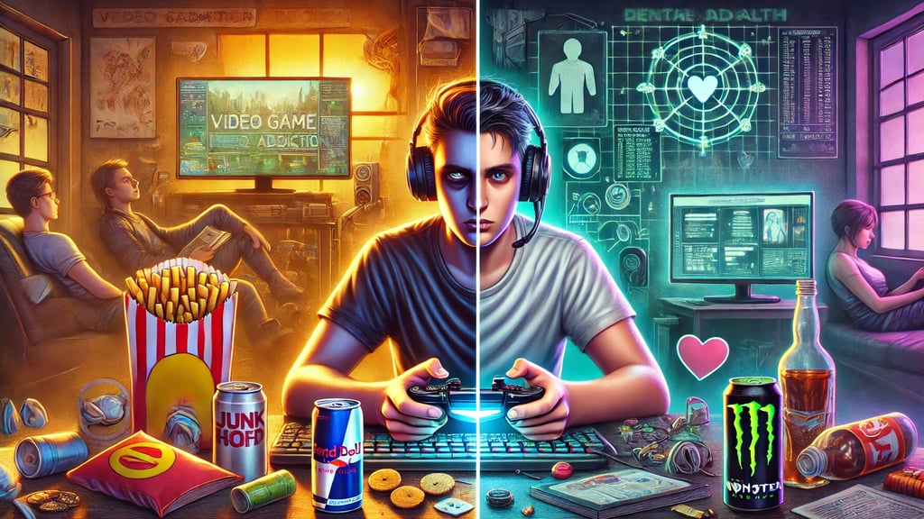 os impactos do vício em jogos, comparando um jogador exausto e isolado com um estilo de vida equilib