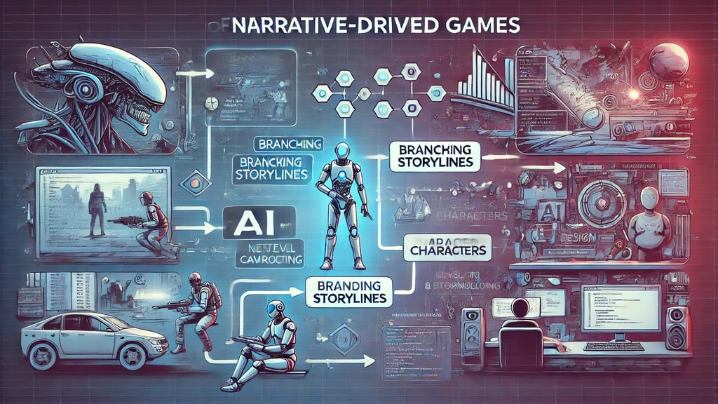Ilustração dos aspectos técnicos dos jogos narrativos com IA, enredos ramificados e design de níveis
