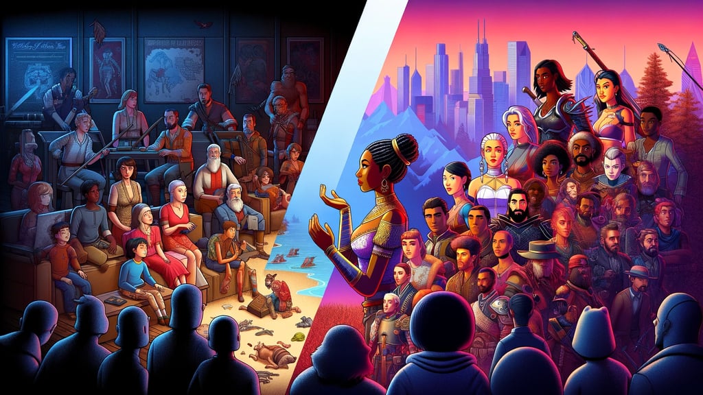 comparando a falta de diversidade nos games antigos com a inclusão crescente nos jogos modernos.