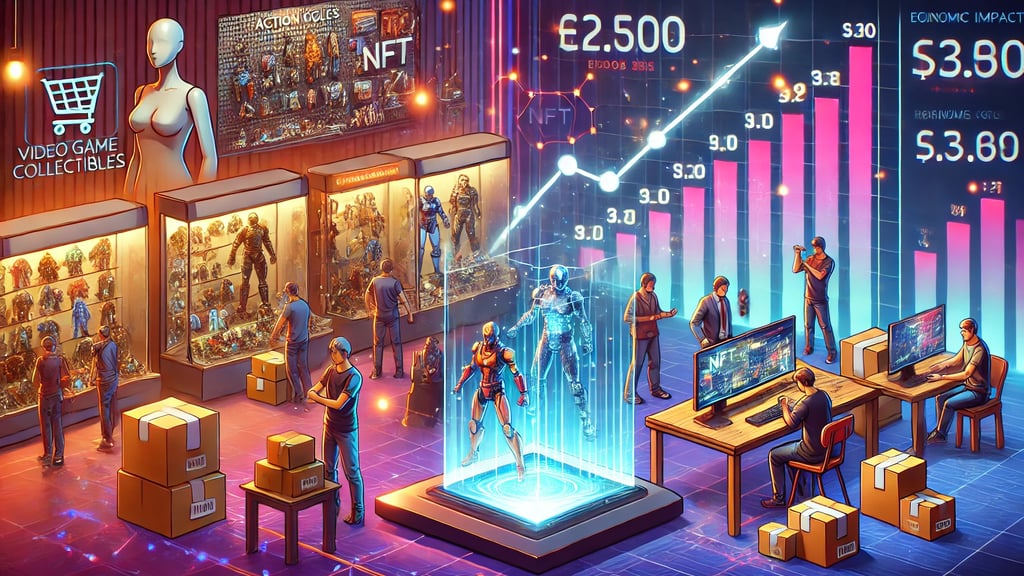 mercado de colecionáveis de games com action figures, NFTs e gráficos representando o impacto econôm