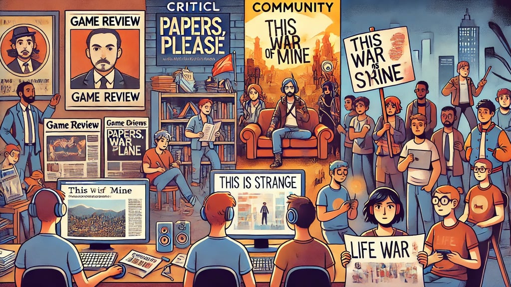 Representação da recepção crítica e comunitária de jogos ativistas, com cenas de análises, debates