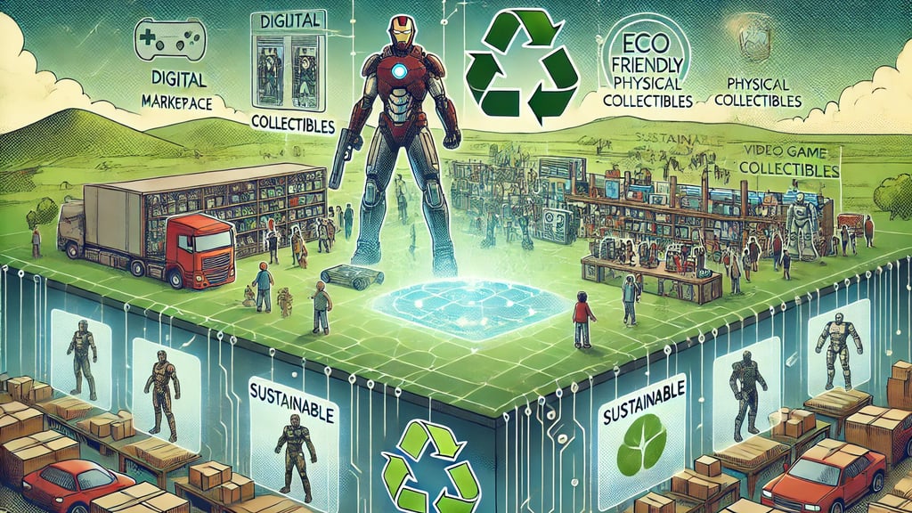 tendências futuras de colecionáveis, com NFTs, hologramas e itens sustentáveis, destacando tecnologi