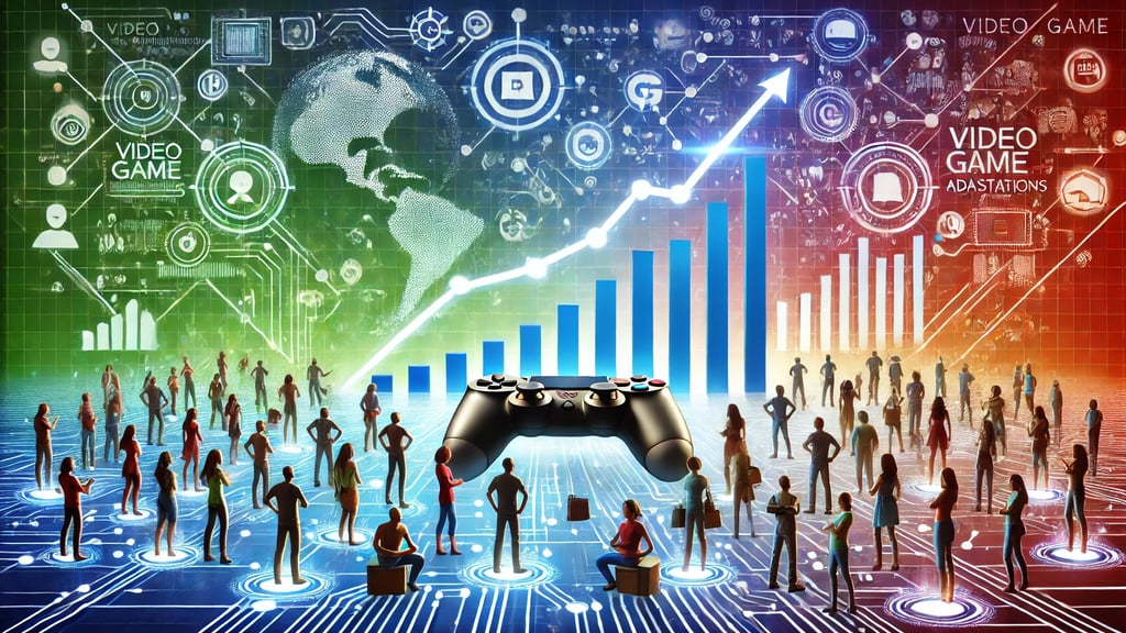 impacto global dos jogos adaptados, com gráficos de crescimento, redes digitais e personagens divers