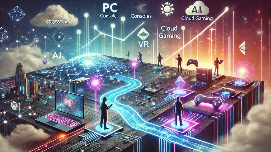 Cenário futurista com plataformas interconectadas, destacando tendências tecnológicas e a evolução