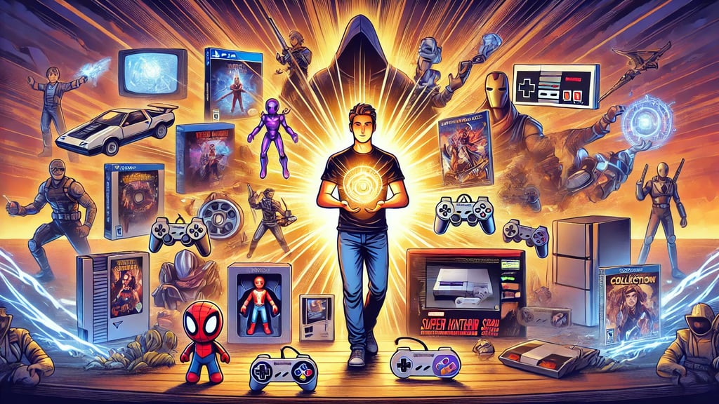 jogador com colecionáveis de games, como action figures, steelbooks, NFTs e consoles retrô.