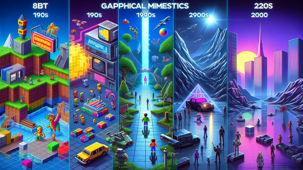 linha do tempo mostrando a evolução dos gráficos nos videogames, desde os pixels de 8 bits