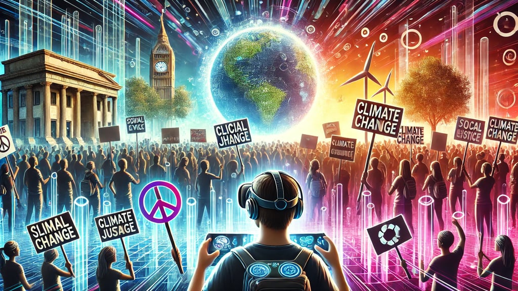 protestos simulados em VR, com hologramas e mensagens de justiça social e igualdade.