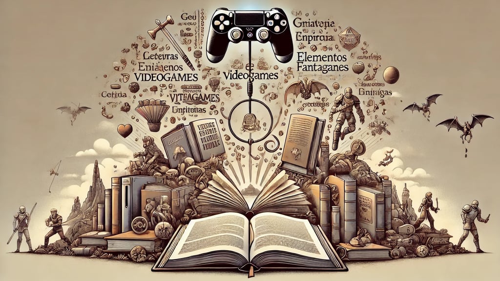 livros abertos e palavras flutuando que se transformam em elementos de jogos, como paisagens