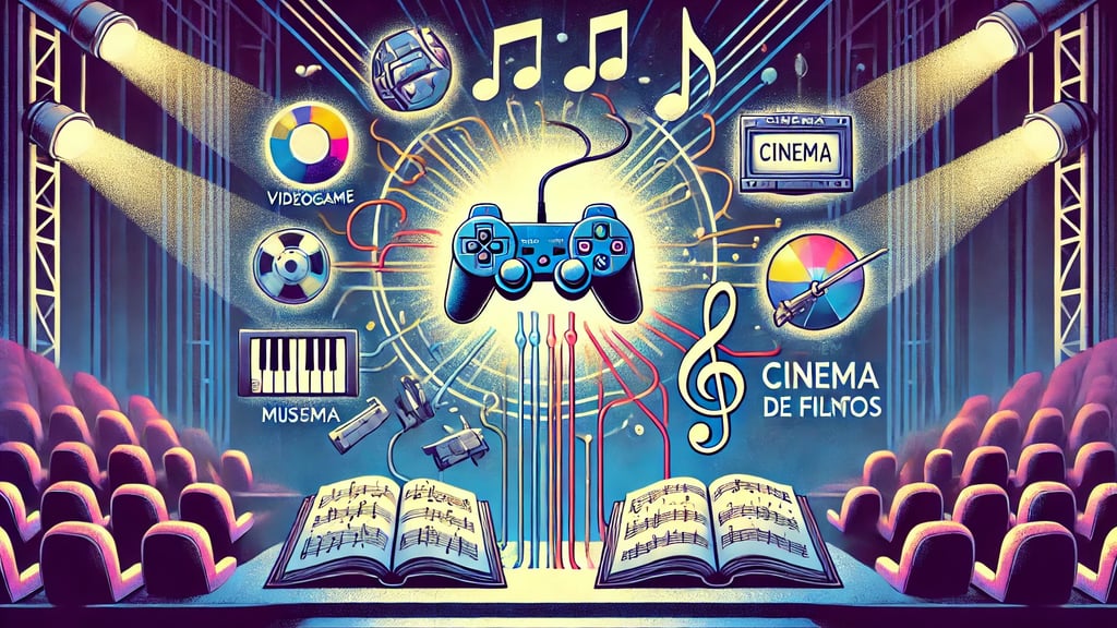 console de videogame central, com conexões em forma de luzes irradiando para notas musicais