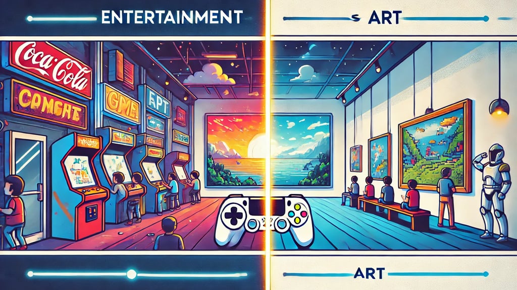 dualidade entre jogos como entretenimento, com um arcade movimentado, e como arte, com uma galeria