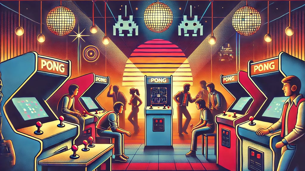 cena de arcade nos anos 1970 com máquinas clássicas e jogadores imersos.