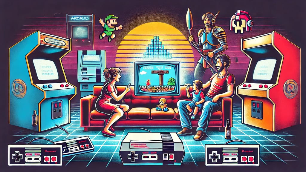 Cena de família jogando em um console NES nos anos 1980, com máquinas de arcade ao fundo