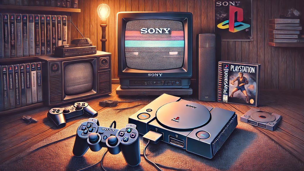 O console PS1 e seu controle clássico em uma sala de estar retrô, com uma TV de tubo 