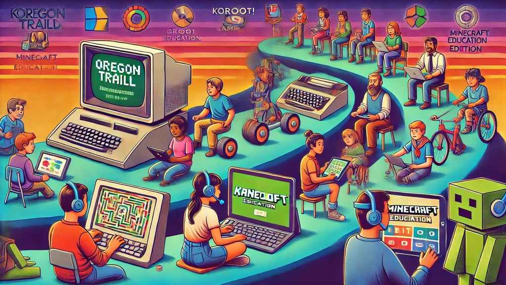 Linha do tempo que mostra a evolução dos jogos na educação, desde computadores antigos com jogos.