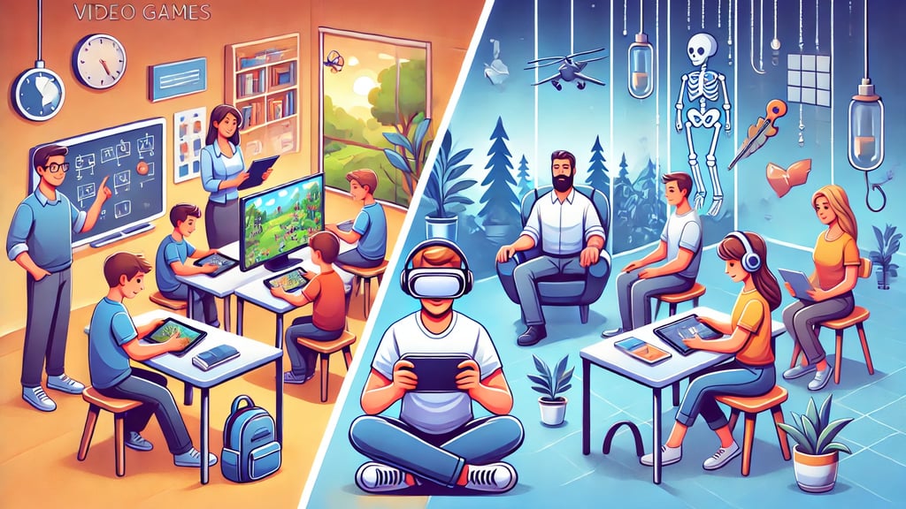 estudantes em atividades educativas com jogos, profissionais usando VR para treinamento