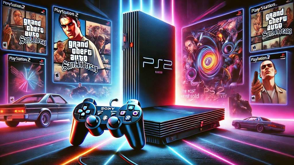 O console PS2 com um controle DualShock 2 em um ambiente com luzes de neon, jogos clássicos 