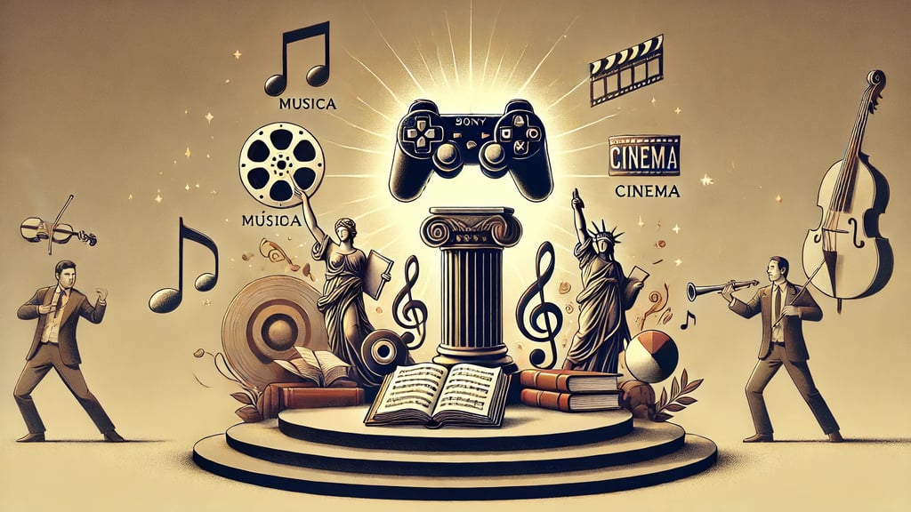 console de videogame em um pedestal, cercado por notas musicais, rolos de filme e livros abertos