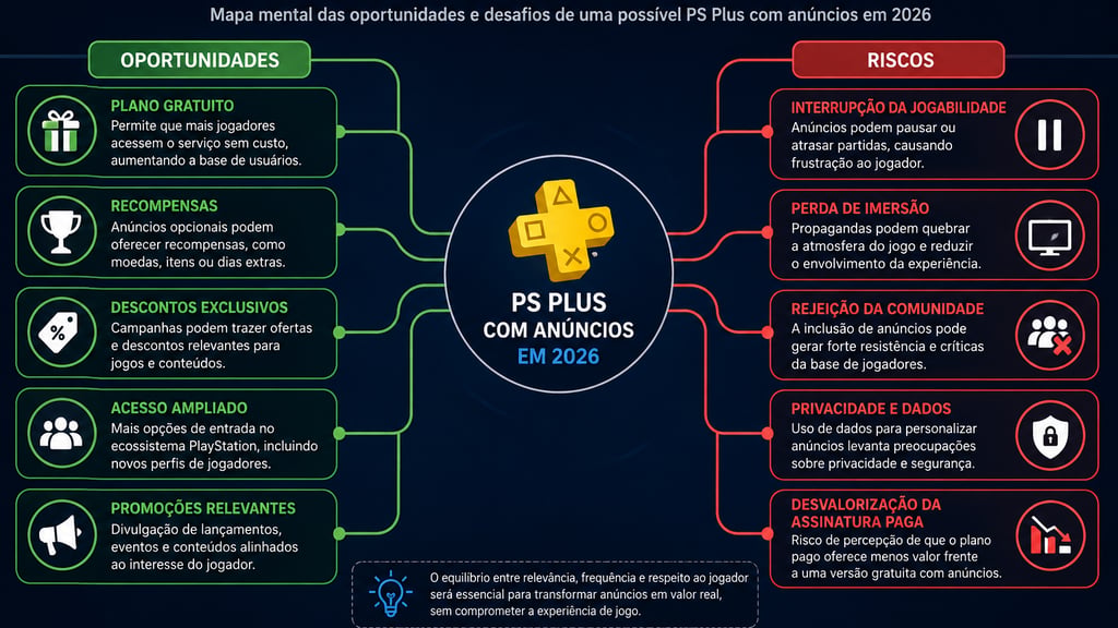 Mapa mental mostra benefícios e riscos dos anúncios em consoles.