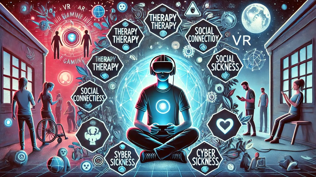 Jogador em um ambiente virtual com ícones destacando benefícios como terapia e socialização, e risco