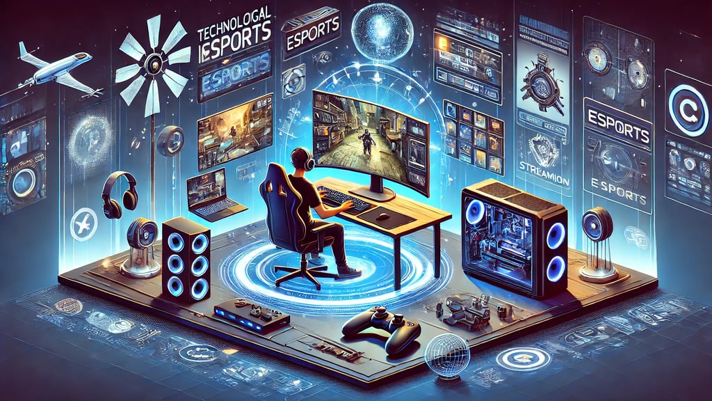 Um jogador imerso em um ambiente futurista com tecnologia avançada de jogos, incluindo hologramas
