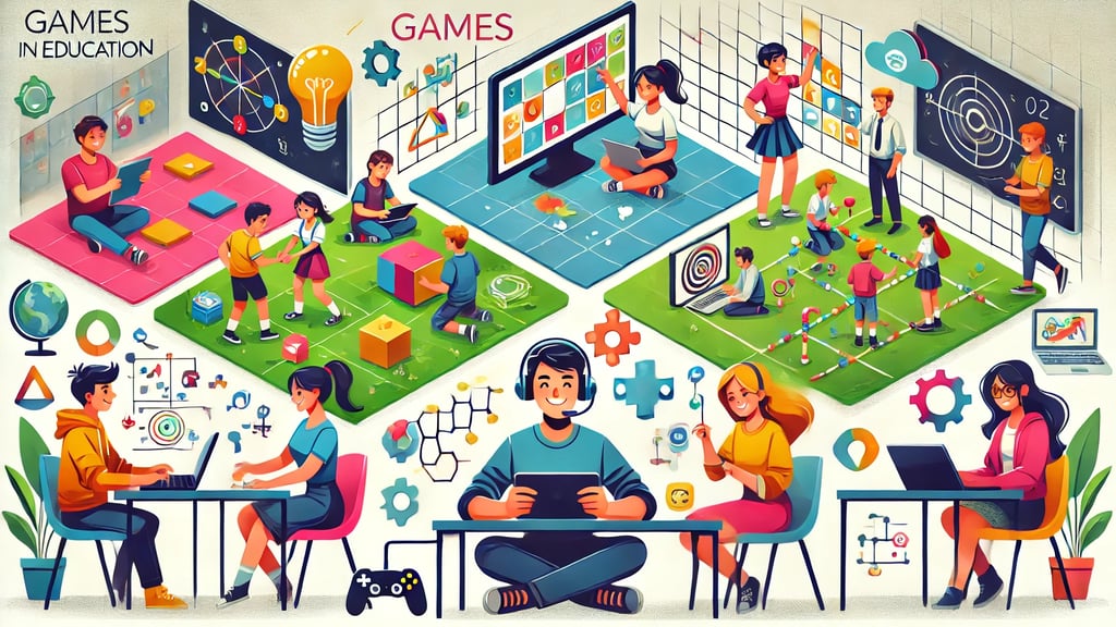 Estudantes engajados em atividades educacionais por meio de jogos, como resolução de quebra-cabeças