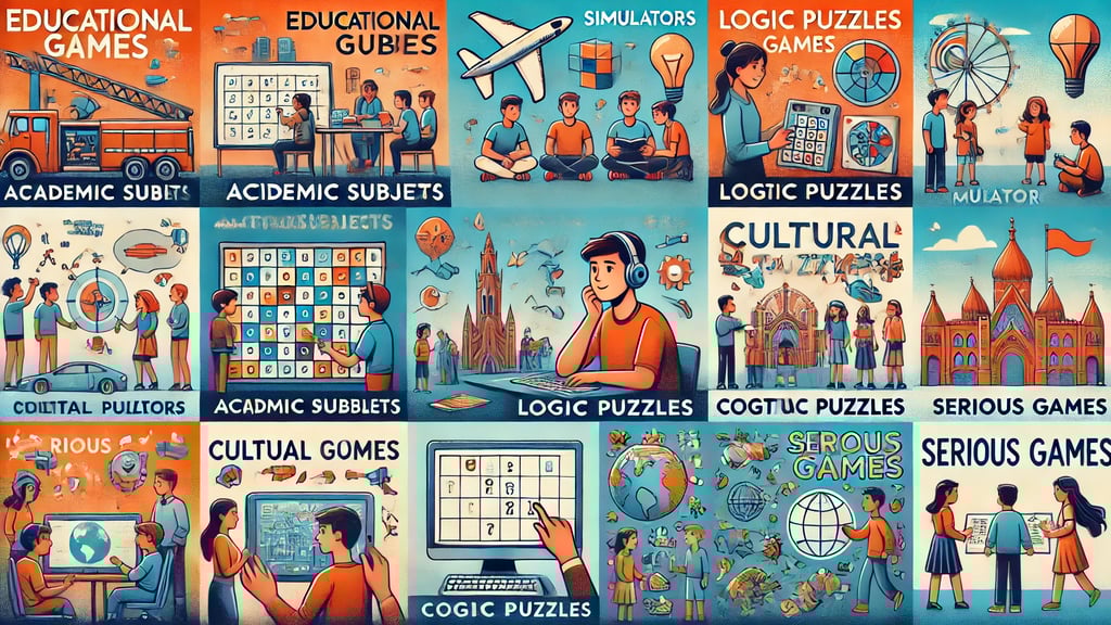 Categorias de jogos educativos ilustrados: jogos de disciplinas acadêmicas, simuladores, etc.