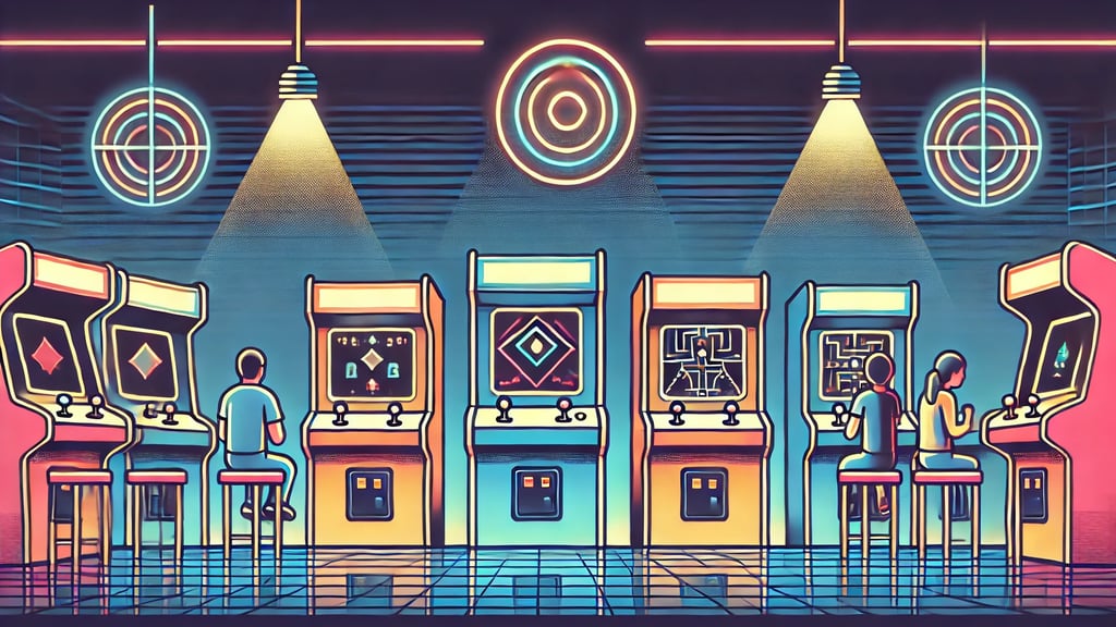 Cena retrô de arcade com máquinas genéricas, telas com gráficos simples e luzes de neon,