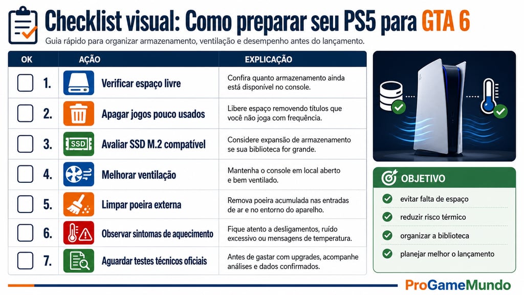 Checklist visual com etapas para preparar o PS5 para o lançamento de GTA 6.