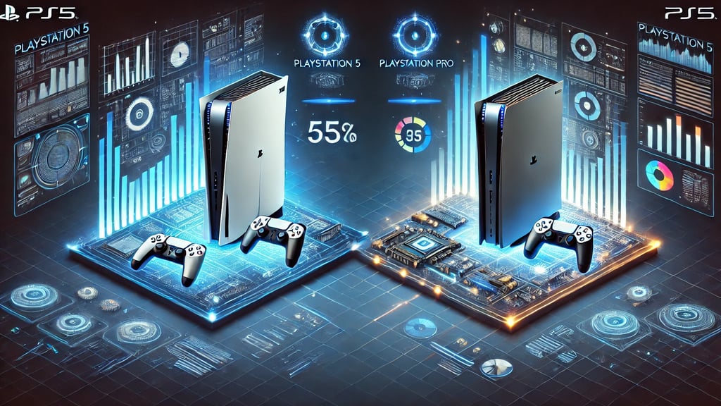 Consoles PS5 e PS5 PRO comparados em um ambiente tecnológico, com destaque para o PS5 PRO