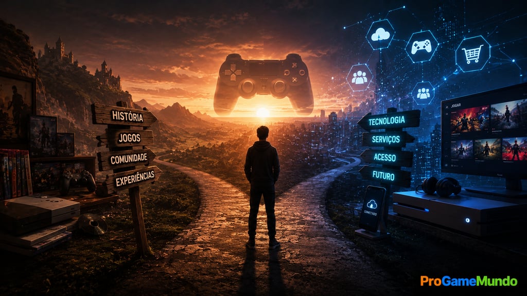 Jogador diante de caminhos entre história dos consoles e futuro digital dos games.