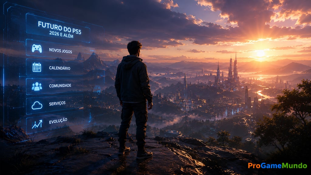Jogador observa o futuro do PS5 em cenário gamer cinematográfico.