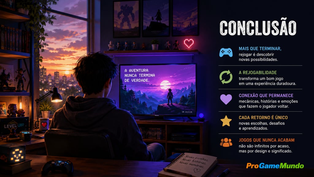 Jogador em quarto gamer revisitando um game após concluir a campanha