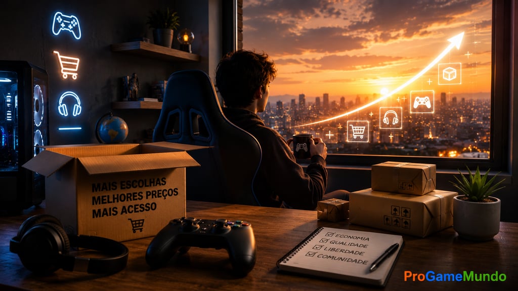 Jogador observa cidade ao pôr do sol com caixas, controle e ícones de compras gamer.