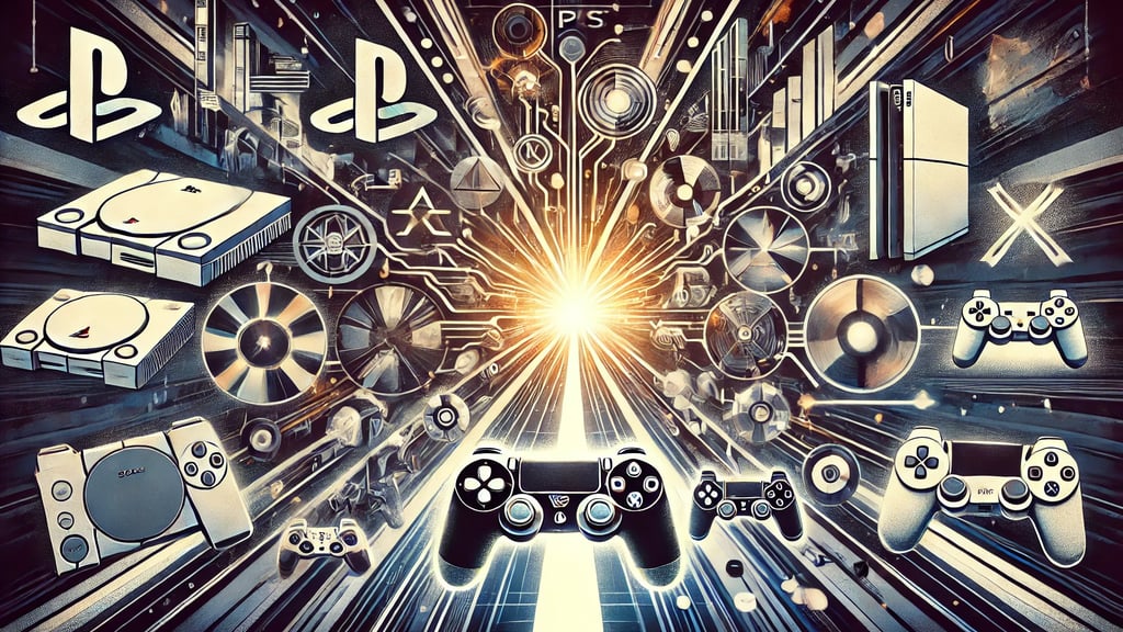 Uma linha do tempo abstrata destacando elementos icônicos das gerações PlayStation, com luzes 