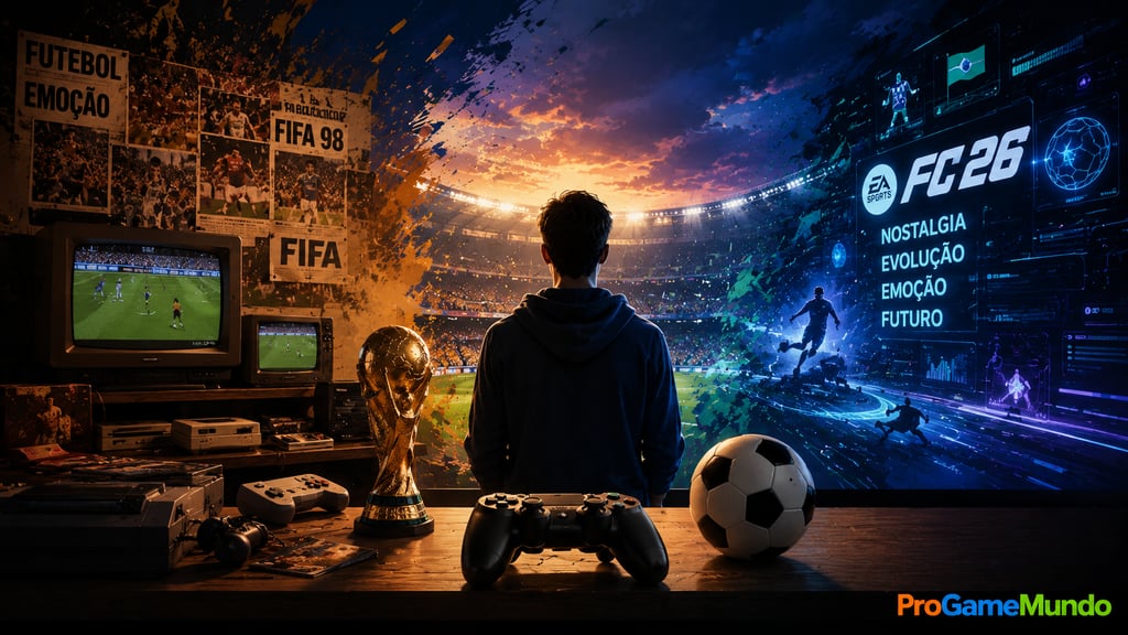 Jogador observa passado e futuro dos games de futebol em cenário de Copa
