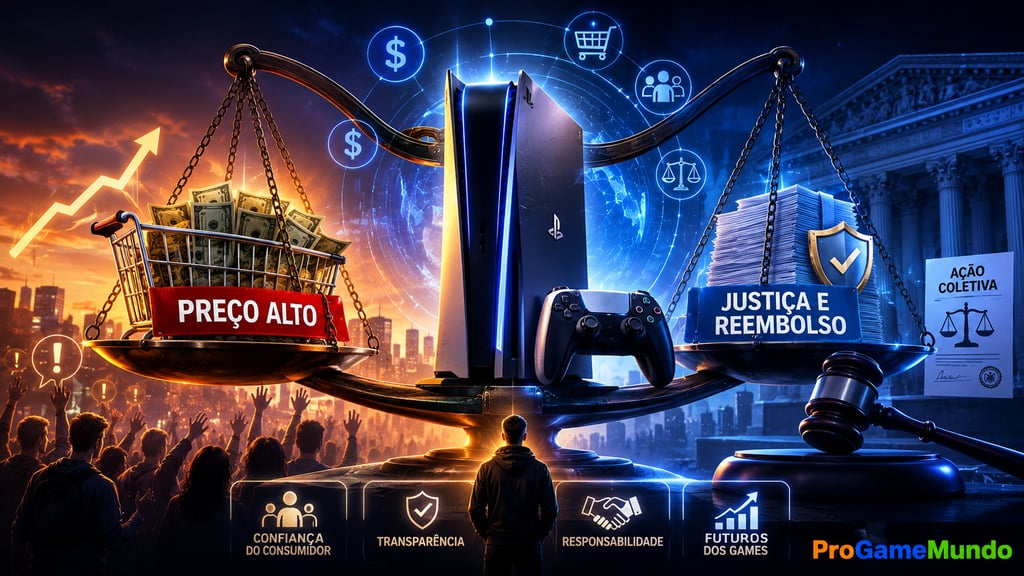Balança simboliza disputa entre consumidores e justiça no mercado de consoles.