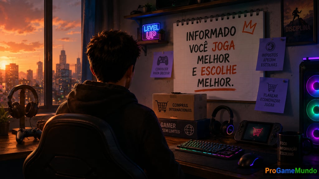 Jogador observa painel sobre impostos e compras internacionais.