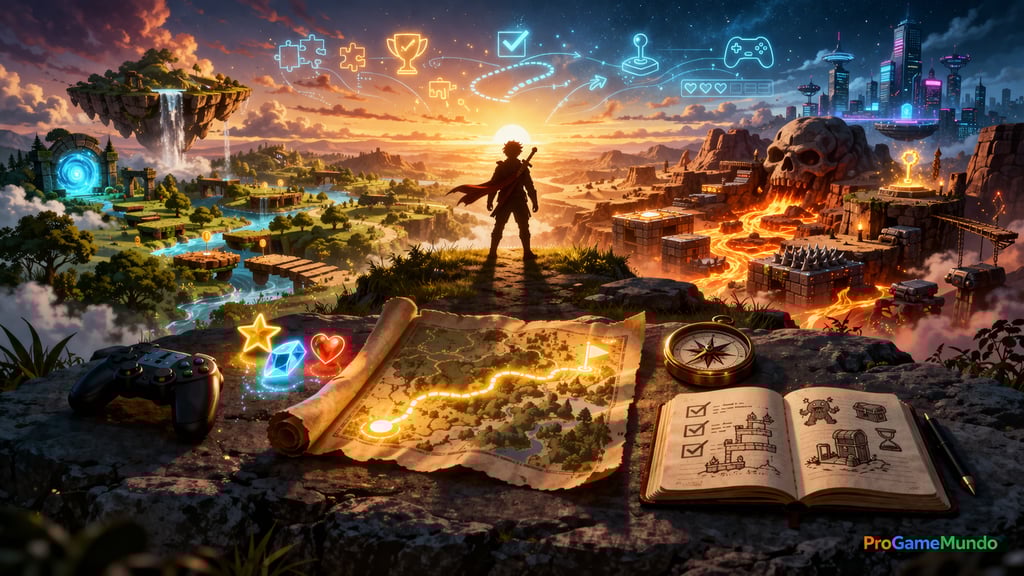 Jornada visual do design de fases com trilha, ícones e pilares da experiência do jogador.