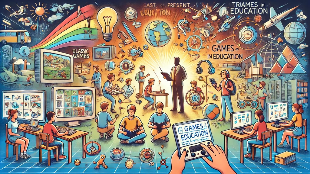 Cena integrando ferramentas educacionais clássicas, modernas e futurísticas.