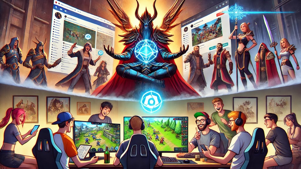 Jogadores interagindo em ambientes virtuais e reais, simbolizando a formação de comunidades em jogos